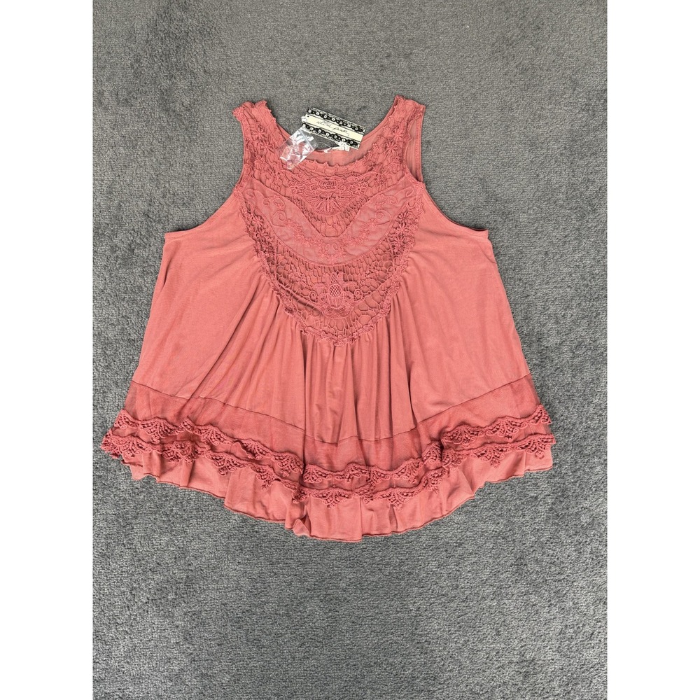 Ultra Pink Dusty Rose Crochet Lace Tiered Ruffle Babydoll Tank Top Large NWT